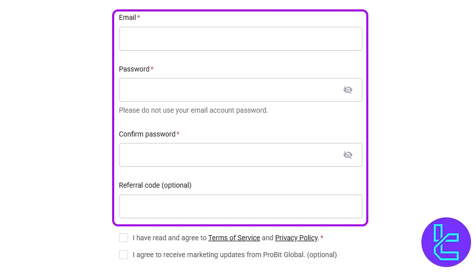 Enter email and password for ProBit sign-up