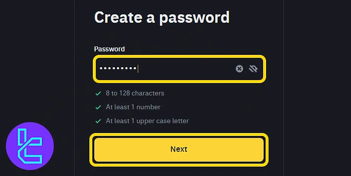 Binance password creation form with security guidelines to complete the account setup