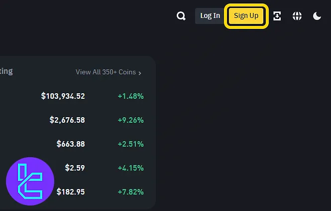 Binance homepage with the "Sign up" button highlighted for account creation