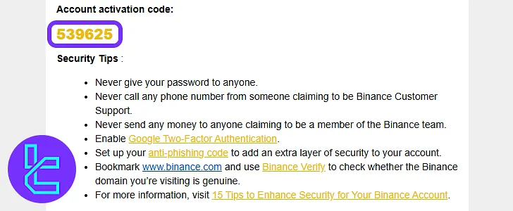 Binance email with verification code for account sign-up