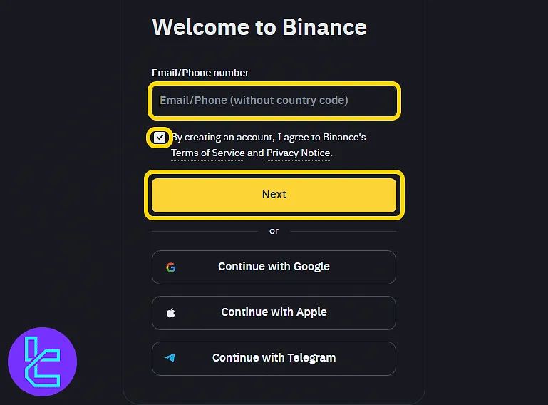 Binance sign-up form with email entry and third-party options