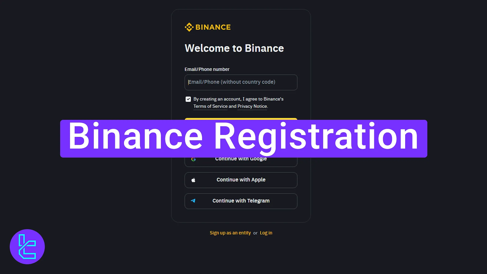Binance account sign-up interface with multiple account creation options