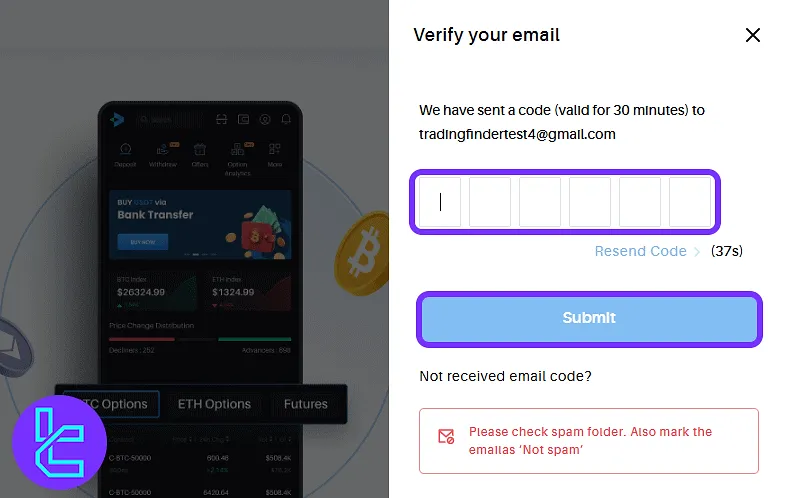 Delta Exchange confirmation screen for entering a 6-digit code to finalize the account creation