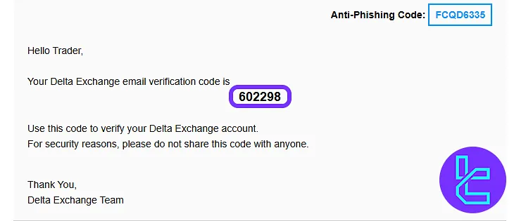 Delta Exchange confirmation email with unique code to proceed with the sign-up process