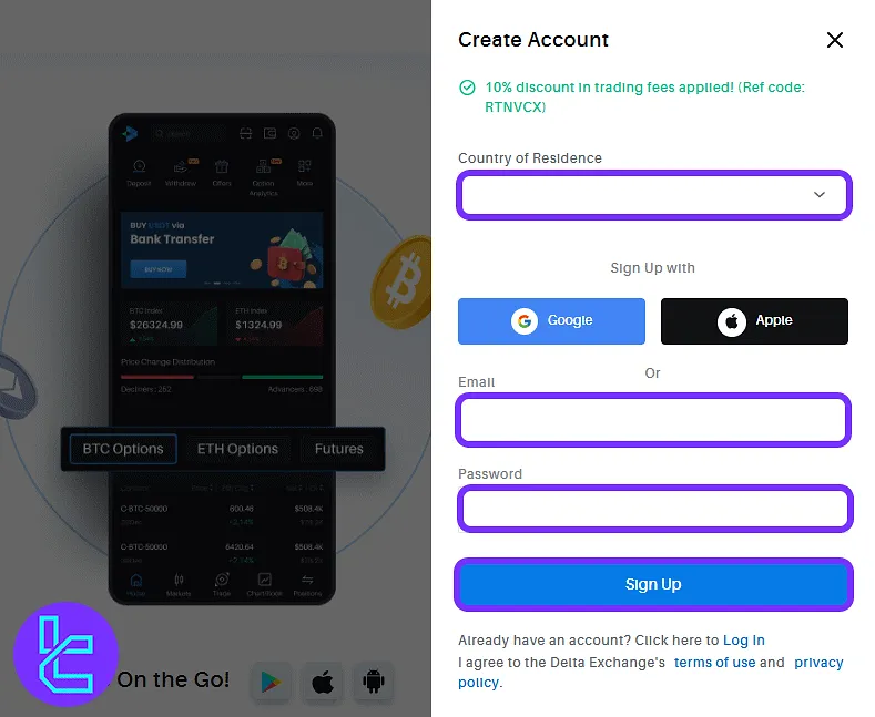 Sign-up form fields for email and password on the Delta Exchange