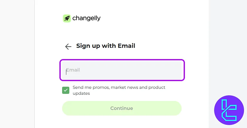 Enter email step during Changelly account setup