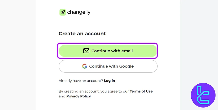 Continue with the Email option for Changelly signup