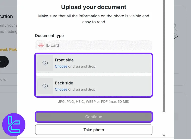 KuCoin interface showing upload section for both sides of ID with file format and size guidance