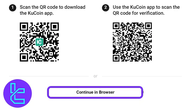 KuCoin QR code interface displaying app download and browser-based identity process continuation options