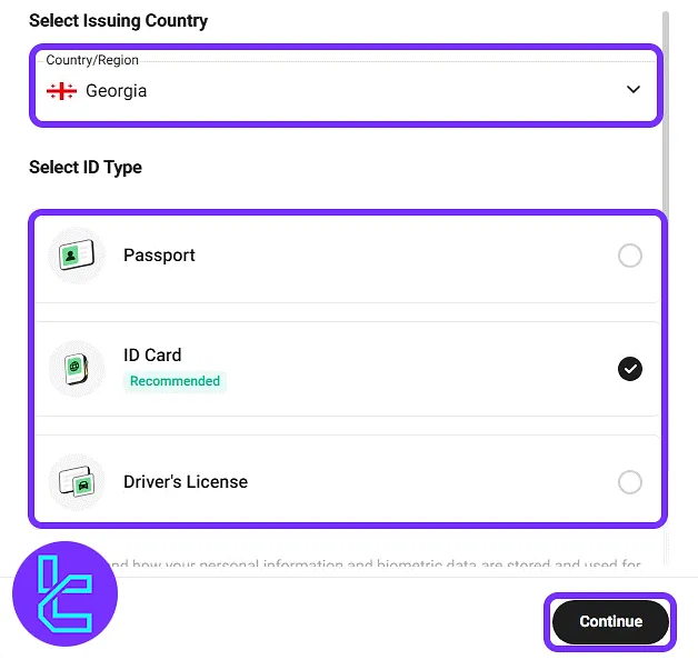 KuCoin form showing dropdown menus for selecting the country of residence and type of identity document