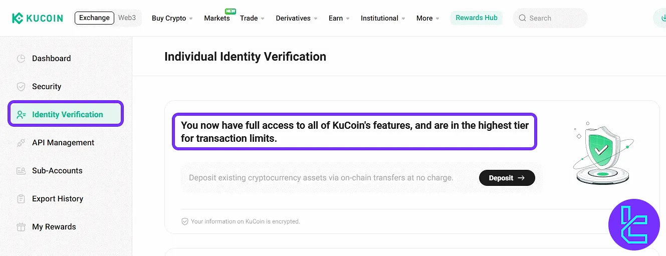 KuCoin dashboard interface displaying approved account status and access tier notification