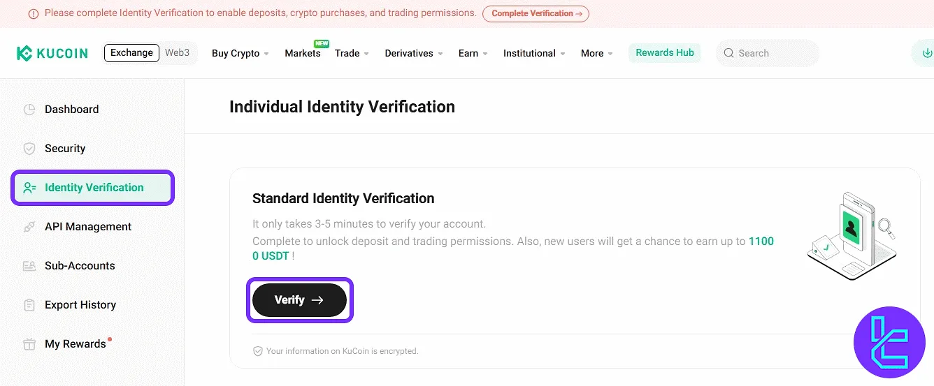 KuCoin account dashboard highlighting identity check menu and button for the identity confirmation process