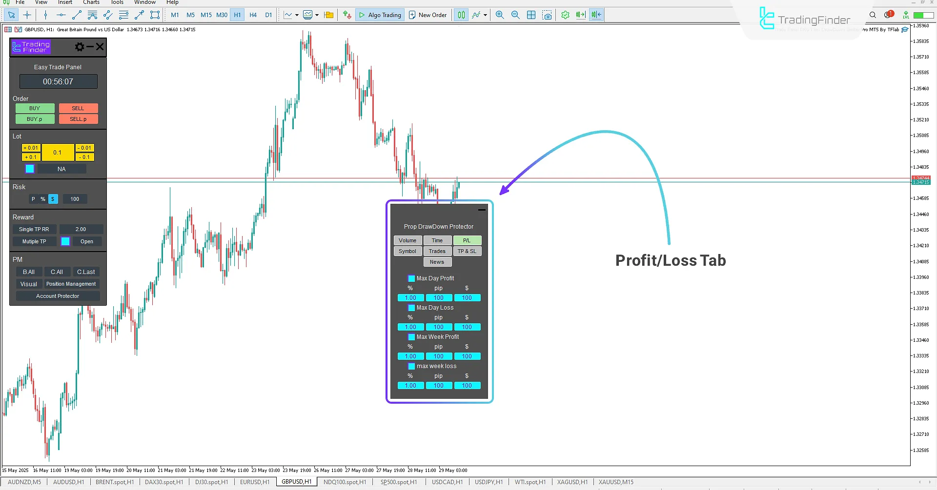 Profit and loss limit tab