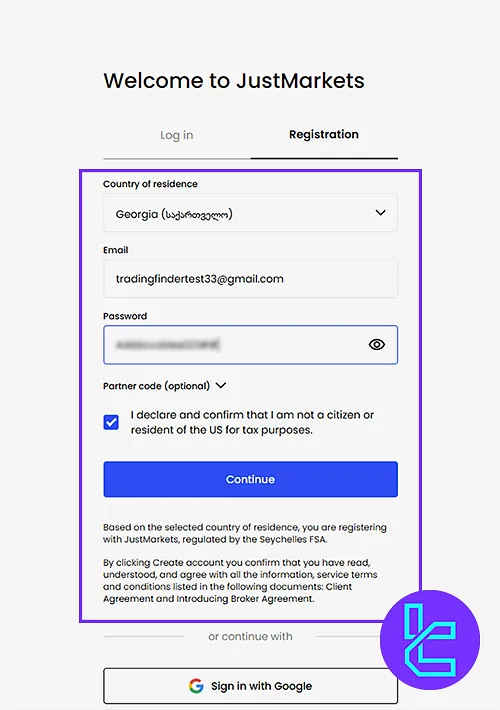 JustMarkets Registration Process