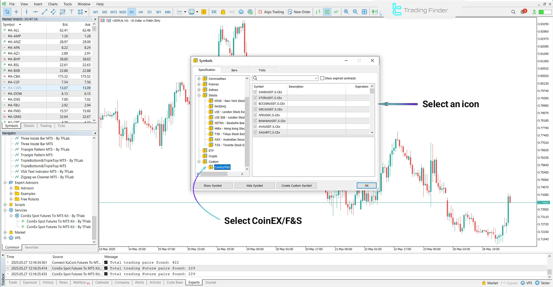 Selecting symbol in Custom section for CoinEX Spot & Futures to MT5