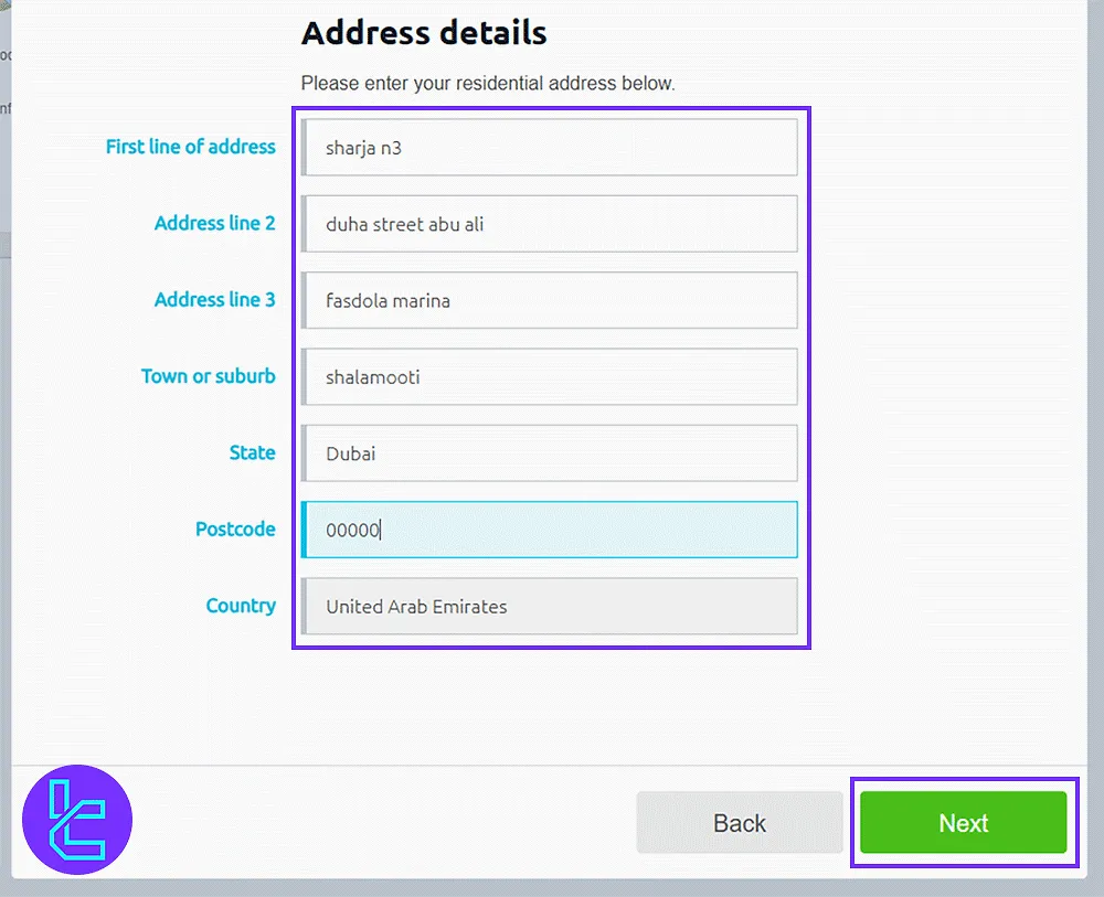 Inputting your full address for registration in CMC Markets