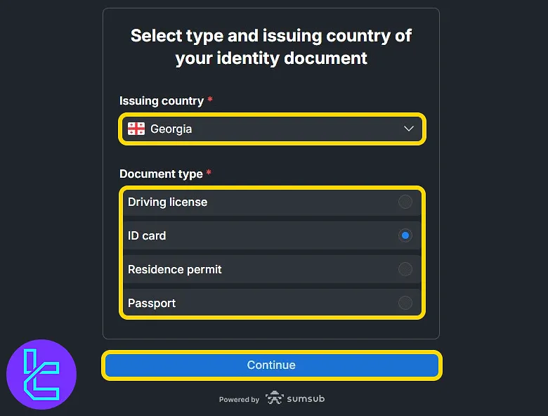 LBank accepted ID types and country dropdown menu in the KYC process