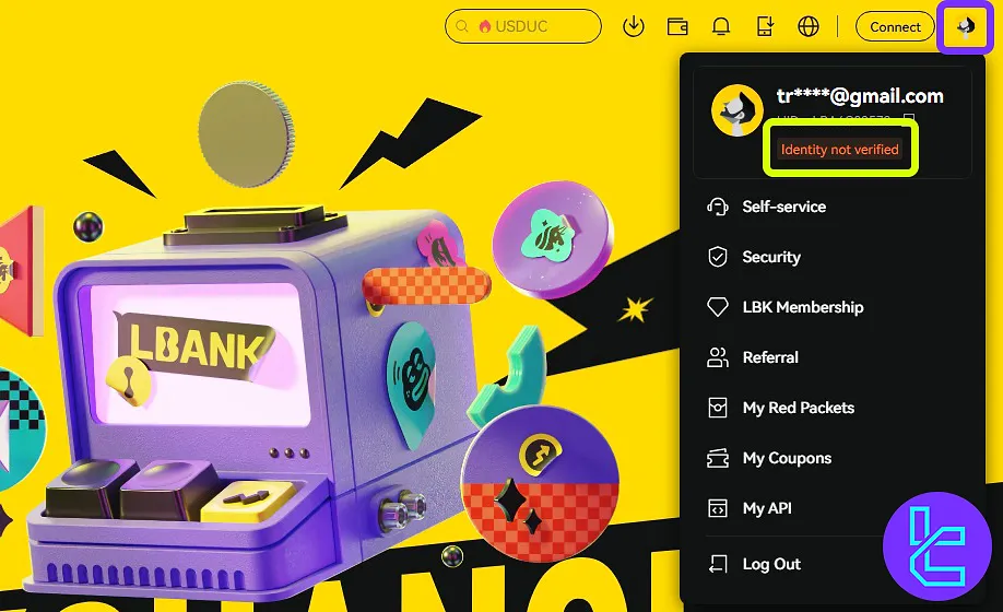 Open identity confirmation option from the LBank profile menu