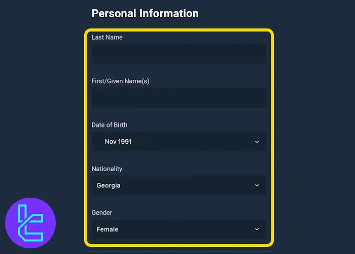 Bitfinex personal identity form fields in the authentication process