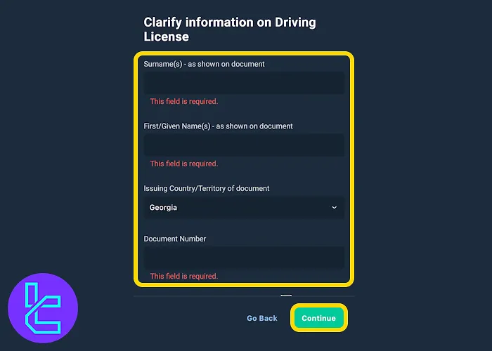 Bitfinex ID document data entry screen in the ID check process