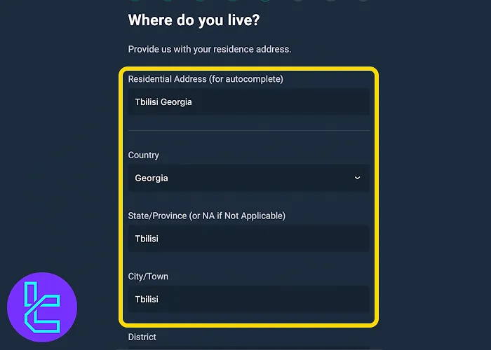 Residential address form in the Bitfinex KYC flow