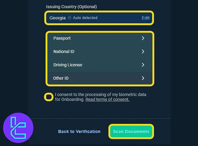 Choosing country, and document type, and agree on the terms in the Bitfinex KYC procedure
