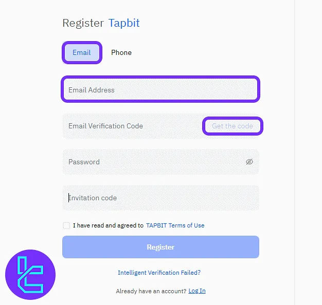 Tapbit sign-up form with email entry and get code option