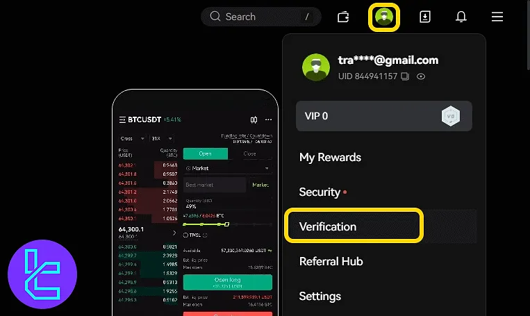 Bitunix user dashboard showing identity confirmation menu