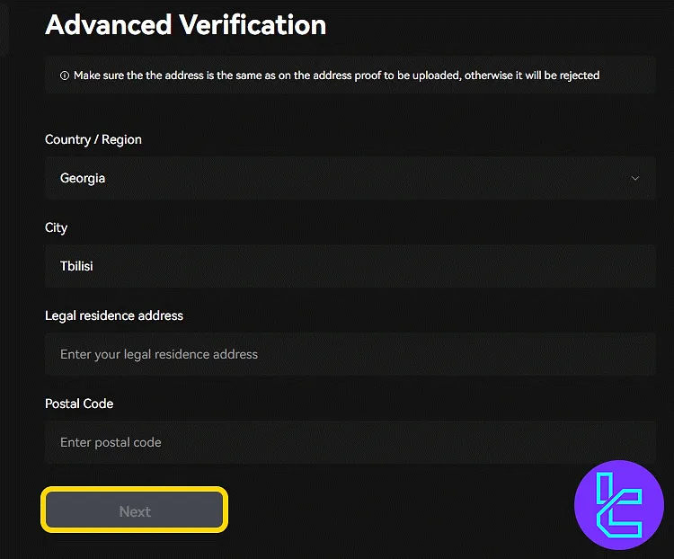 Bitunix address entry form for location confirmation