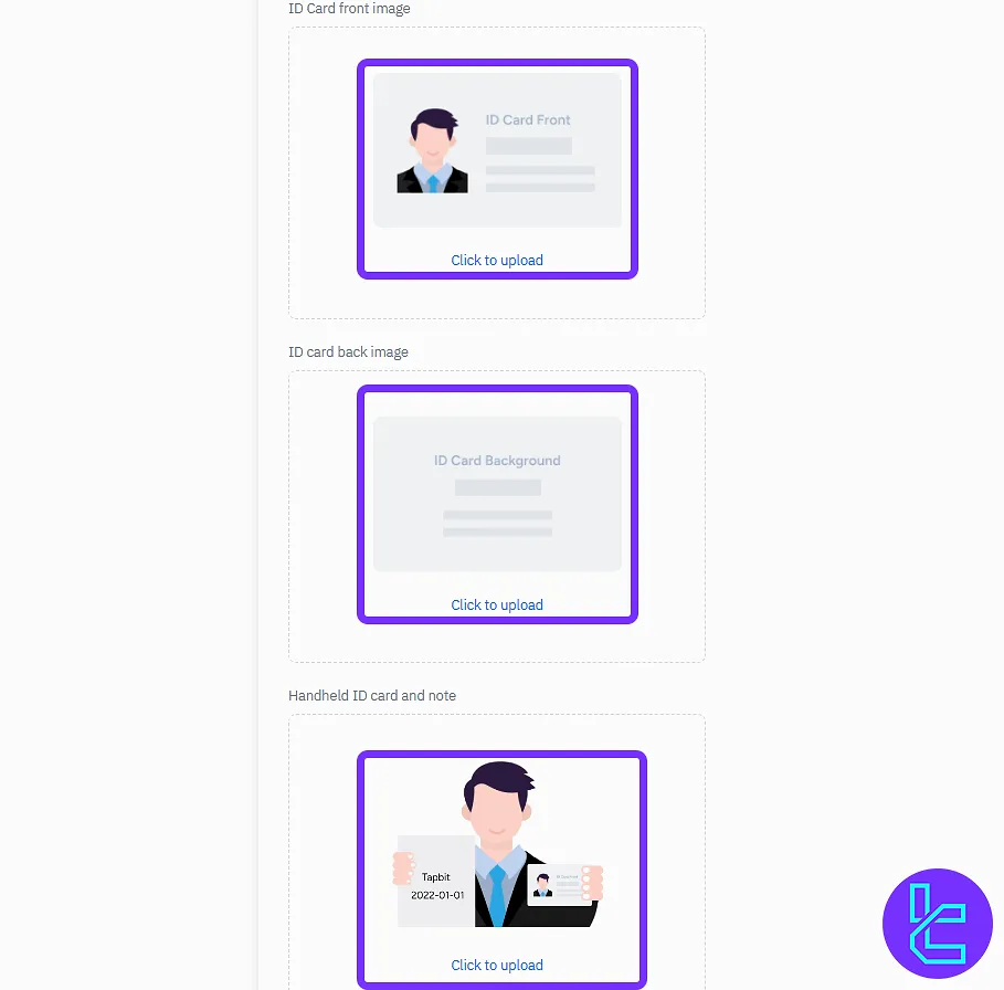Upload interface for the Tapbit ID card and selfie