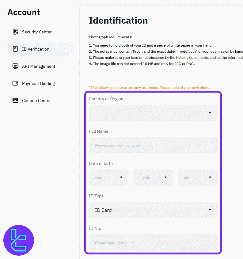 Tapbit identity confirmation form for submitting personal and ID details
