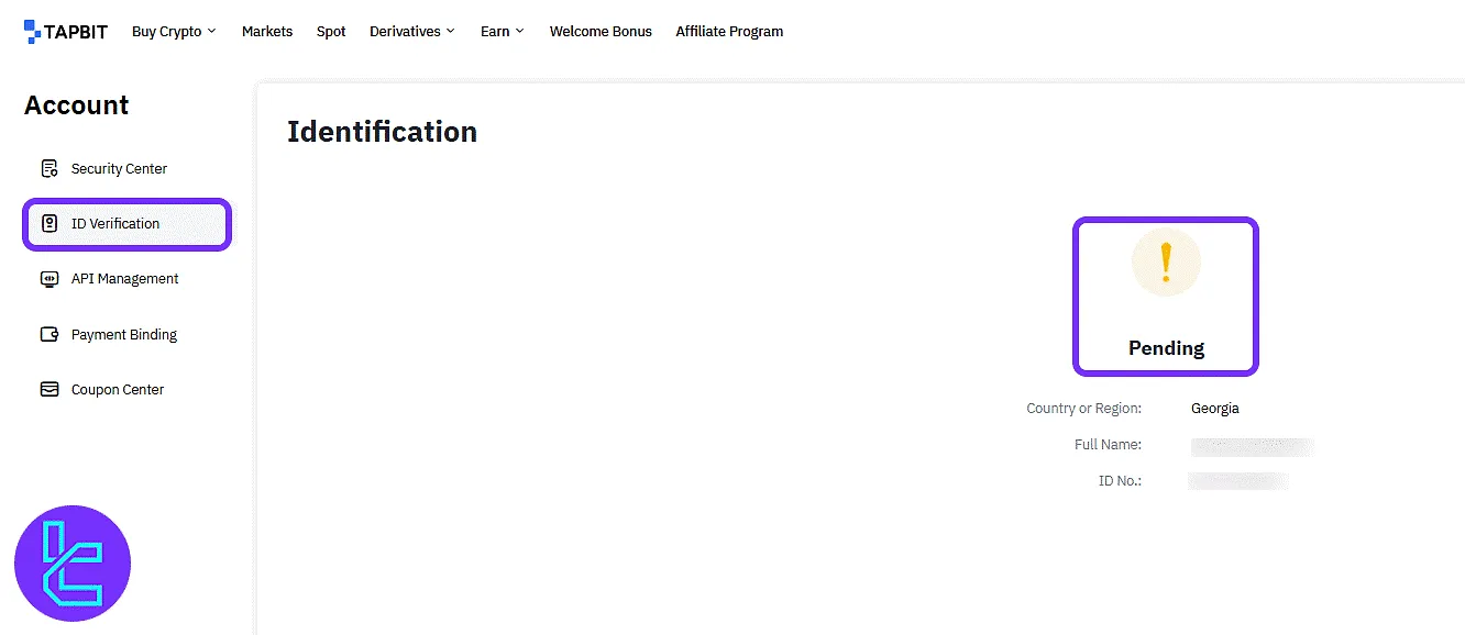 Tapbit account status page showing pending confirmation