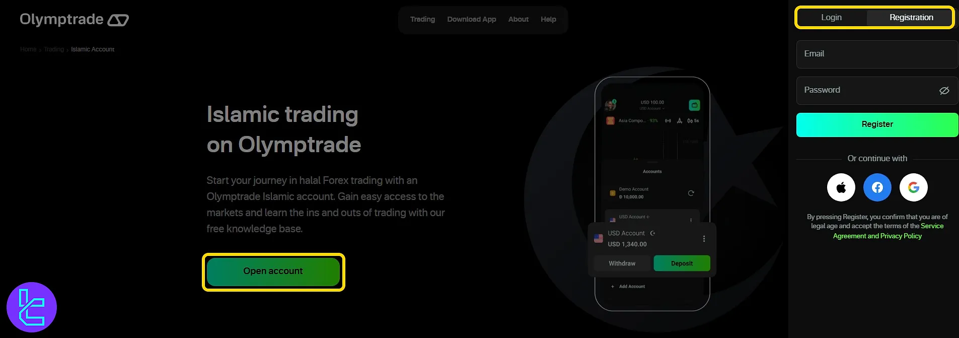 OlympTrade swap-free account registration screen