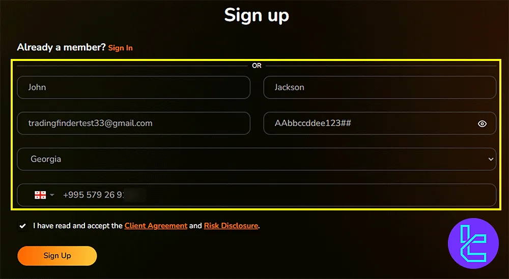 Coinexx Personal Information Entry for Registration