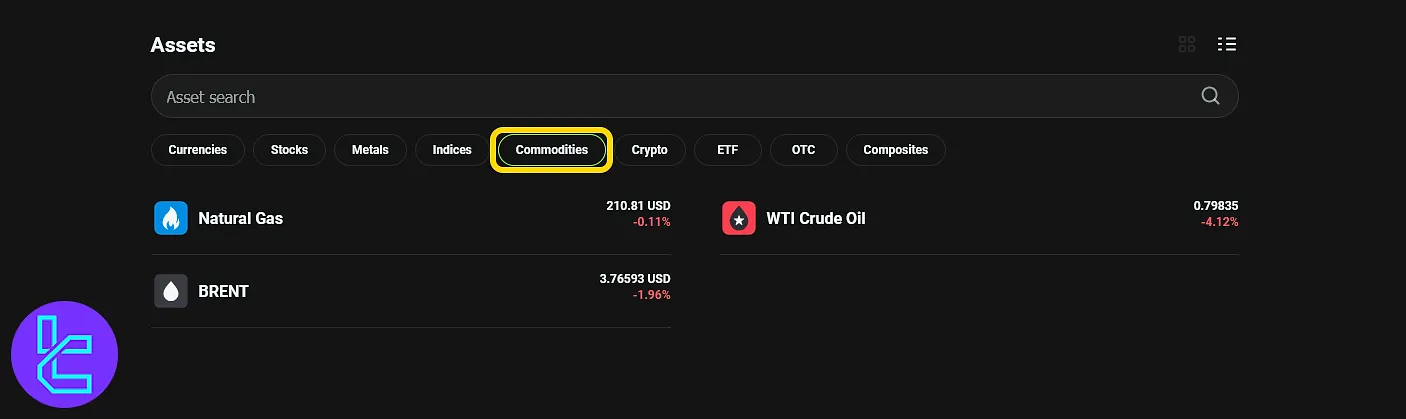 OlympTrade commodity assets like oil and gas symbols
