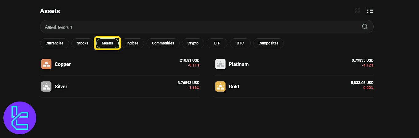 OlympTrade metal trading with gold, silver, copper, and platinum