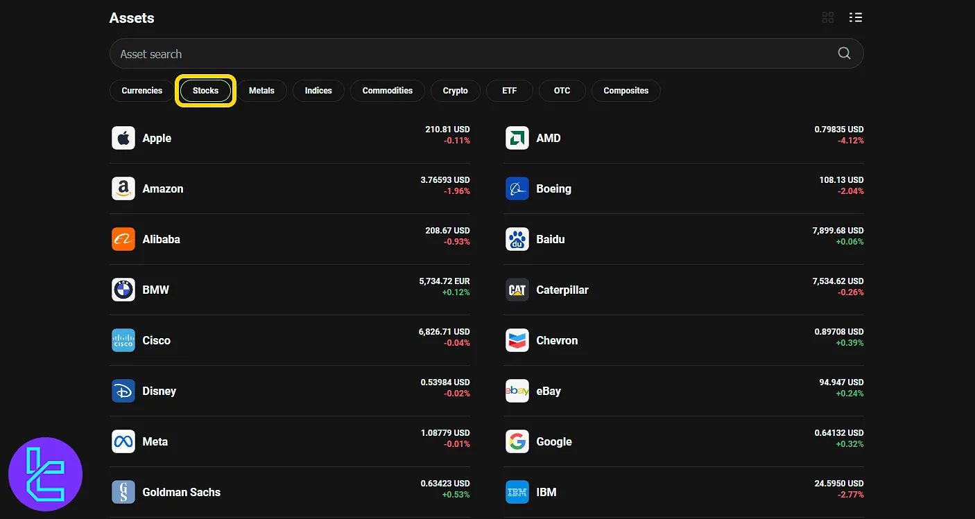 OlympTrade stock market instruments including Apple, Amazon, and Google