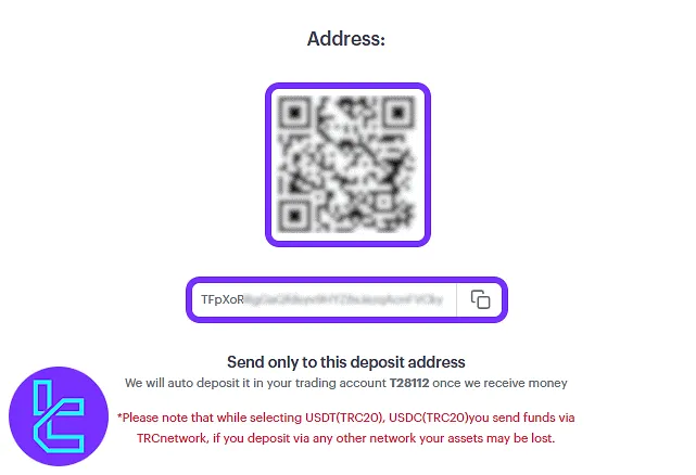 QR code and address for the Fxview TRC20 wallet top-up