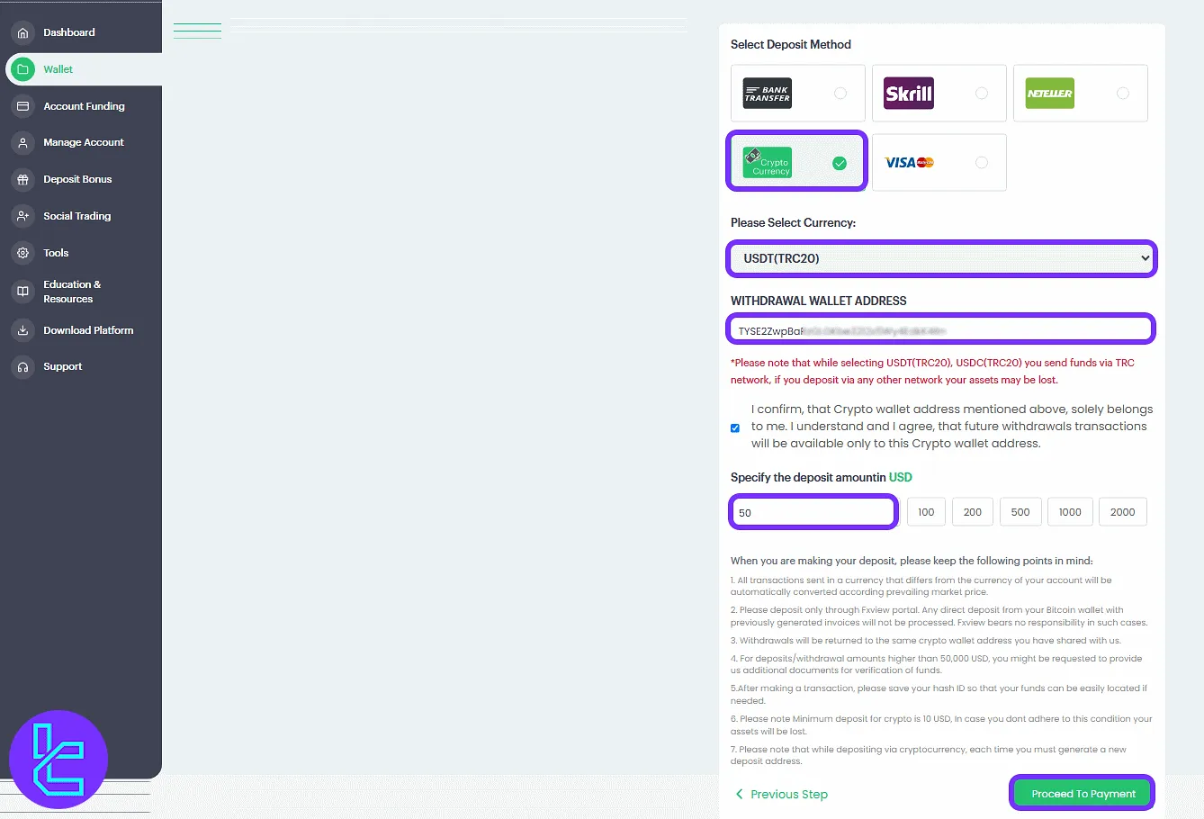 Filling in TRC20 top-up form details in the Fxview