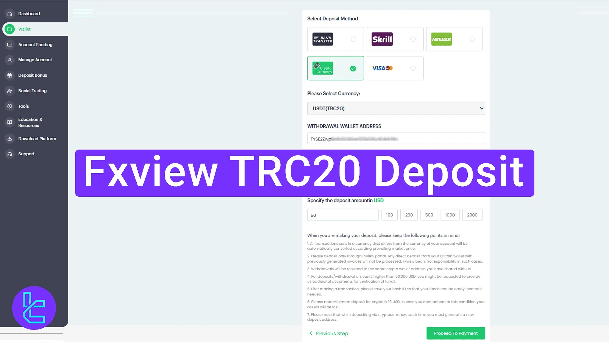 TRC20 wallet top-up in the Fxview platform