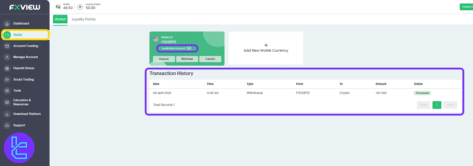Viewing payment history of ERC20 funding in the Fxview dashboard