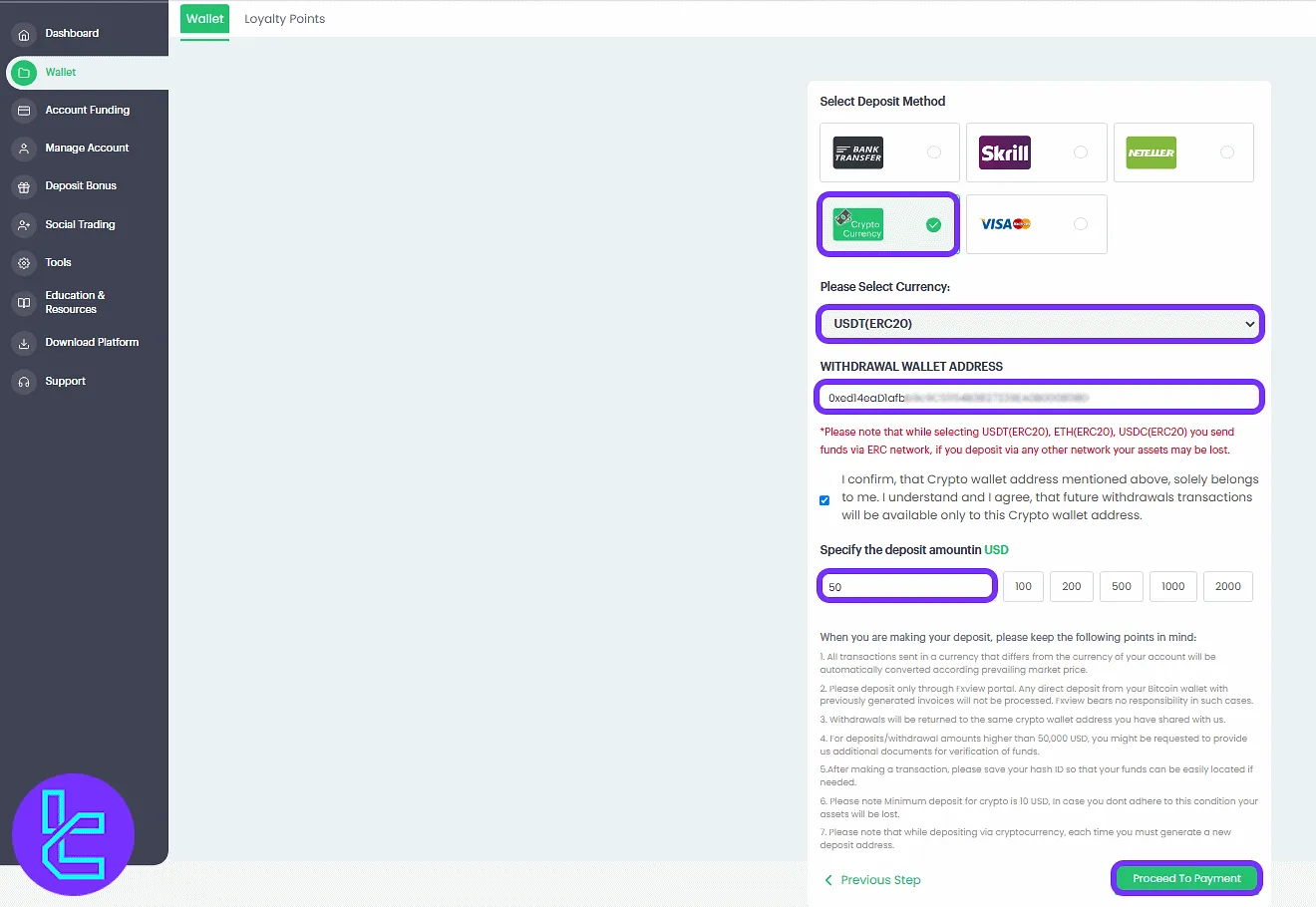 Filling wallet funding form for ERC20 transfer on Fxview