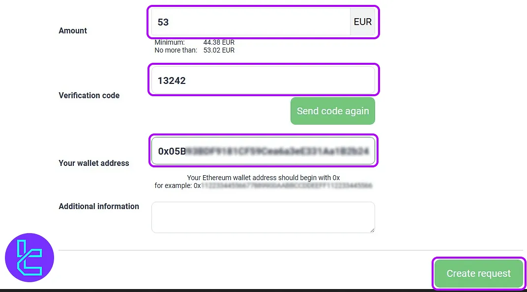 Enter details on the Esperio ERC20 cash-out form