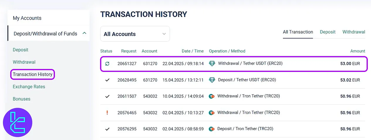 Checking Esperio ERC20 payout status in the transaction history