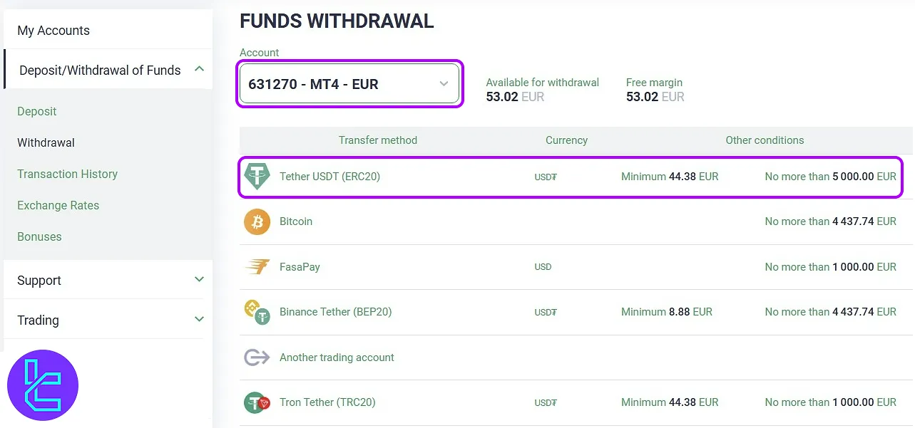 Select Tether USDT (ERC20) network for Esperio ERC20 cash out