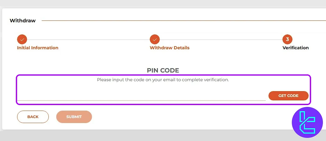 Email code confirmation for OQtima TRC20 payout
