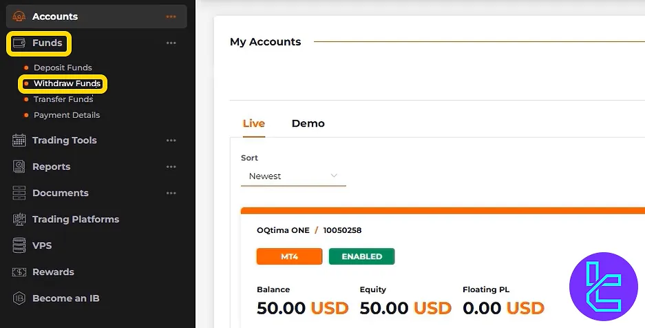 OQtima TRC20 cash out from the dashboard