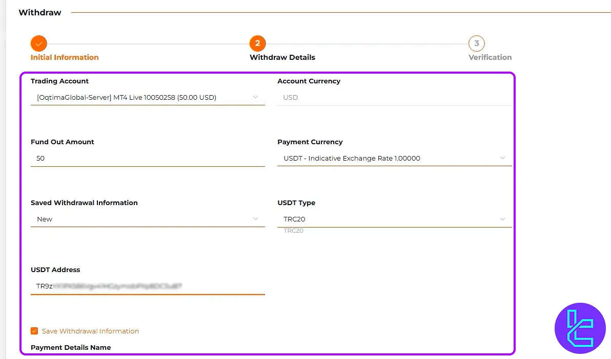 Enter wallet details for OQtima TRC20 cash out