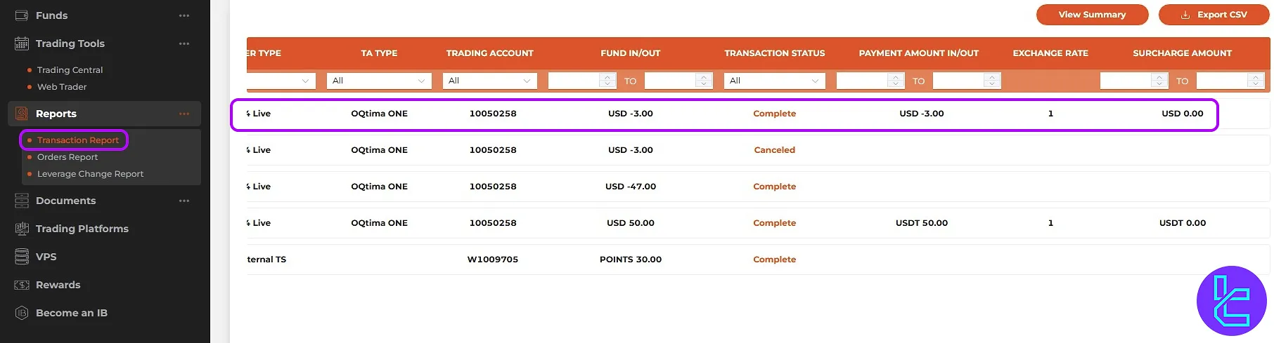 OQtima TRC20 cash out approval and transaction tracking