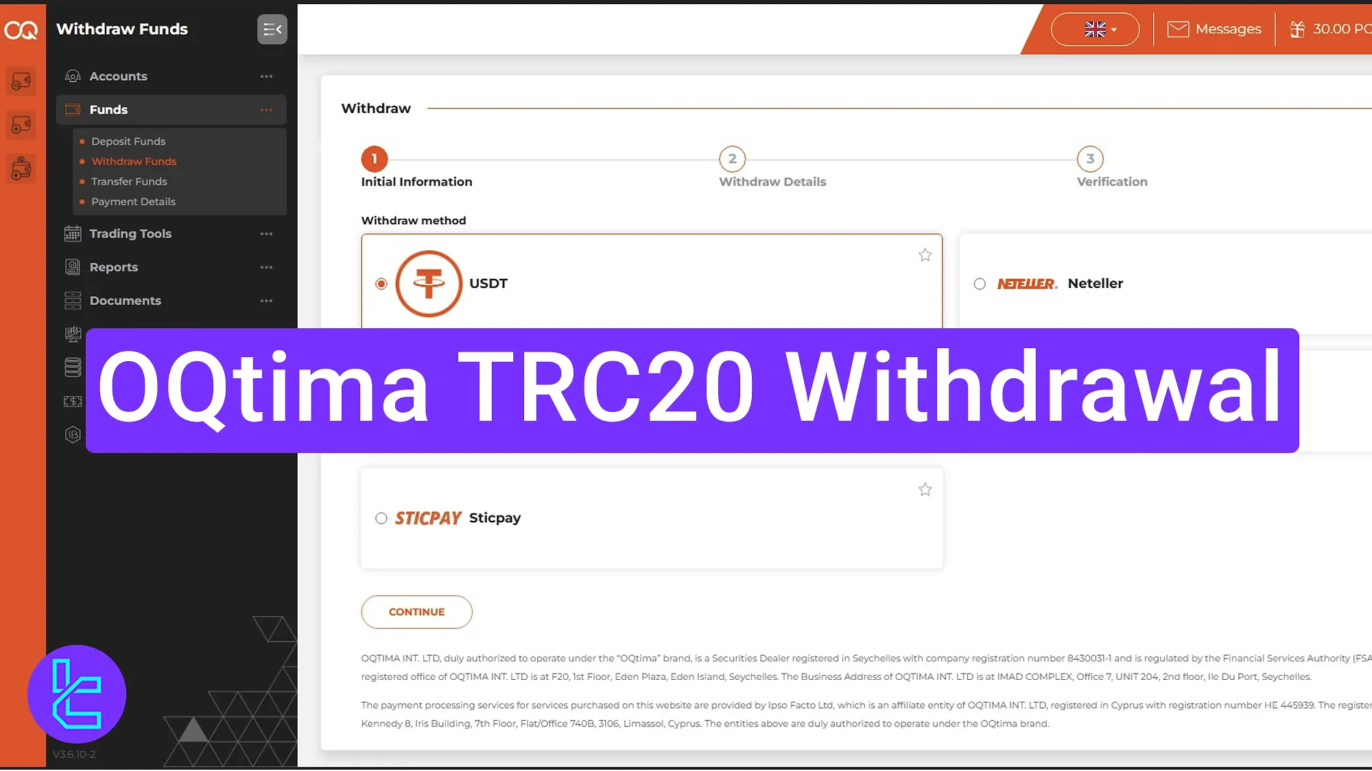 OQtima TRC20 cash out process